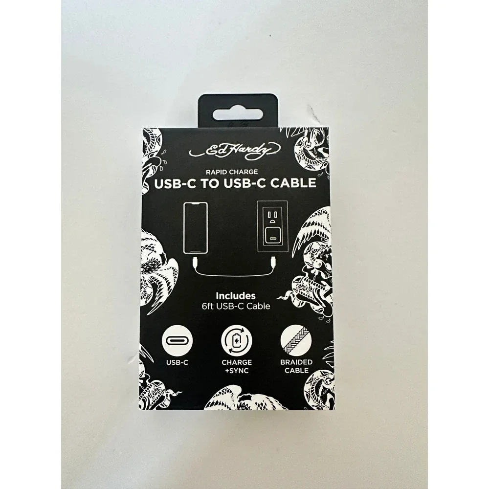 Ed Hardy USB-C to USB-C Charging Cable 6ft White Braided New PT0021EH-42